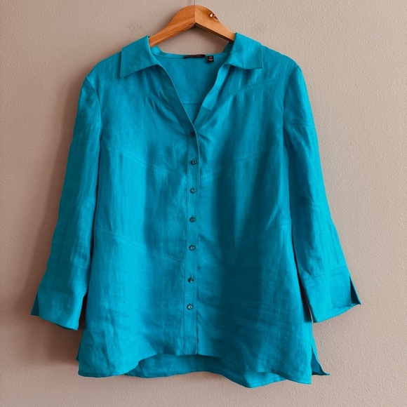 Carlisle Button Down Shirt Linen 3/4 Sleeve V Neck Size 14 - Picture 1 of 9